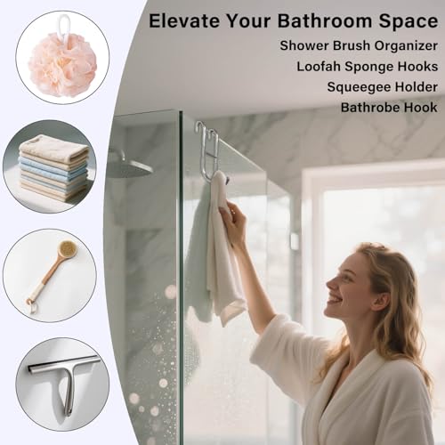 Shower Door Hooks for Towels & Squeegee - No Drill Bathroom Hooks for Frameless Glass Door, Shiny Silver Stainless Steel with Anti-Slip Rubber (2 Pack)