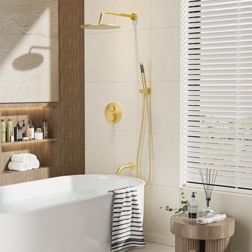 Gabrylly Shower System, 10" Bathtub Shower Faucets Set, Brushed Gold | All Metal Rain Shower Head with Handheld Spray Combo and Tub Spout, Luxury Bathroom Rainfall Shower Head Set With Valve - color: Gold