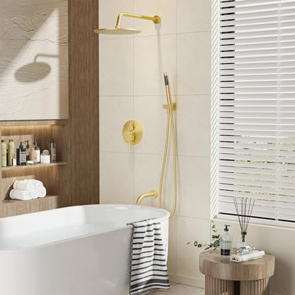 Gabrylly Shower System, 10" Bathtub Shower Faucets Set, Brushed Gold | All Metal Rain Shower Head with Handheld Spray Combo and Tub Spout, Luxury Bathroom Rainfall Shower Head Set With Valve - color: Gold