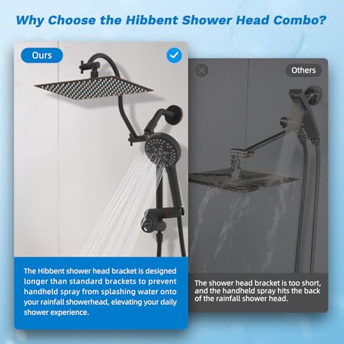 Hibbent High Pressue All Metal 12" Rainfall Shower Head, Handheld 10-Spray | cUPC Certified Oil-Rubbed Bronze Dual Showerhead Combo, 4-way Diverter with Pause Mode, Extension Arm, 71'' Hose & Holder - color: Oil Rubbed Bronze, style: Square 12"