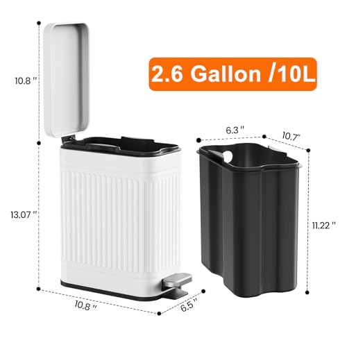 TrashAid 2.6 Gallons Small Bathroom Trash Can with Soft Close Lid, White | Removable Inner Bucket, Odor Control, Fingerprint-Resistant, Slim Stainless Steel Garbage Can for Bedroom/Office/Laundry