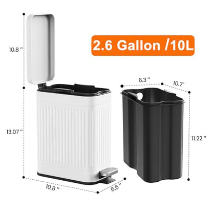 TrashAid 2.6 Gallons Small Bathroom Trash Can with Soft Close Lid, White | Removable Inner Bucket, Odor Control, Fingerprint-Resistant, Slim Stainless Steel Garbage Can for Bedroom/Office/Laundry