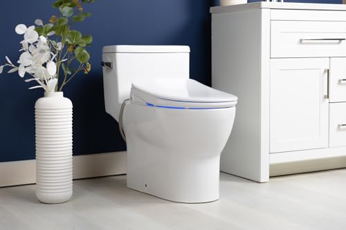 ALPHA BIDET iX Pure Bidet Toilet Seat in Round White | Ultra Low Profile | Endless Warm Water | Arced Stainless Steel Nozzle | Blue LED Nightlight | Dryer… - size: Round