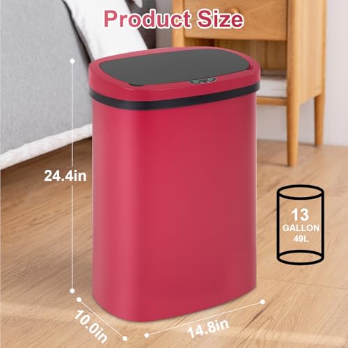 FDW Garbage Can 13 Gallon 50 Liter Kitchen Trash Can for Bathroom Bedroom Home Office Automatic Touch Free High-Capacity with Lid Waste Bin - color: Red, style: Plastics