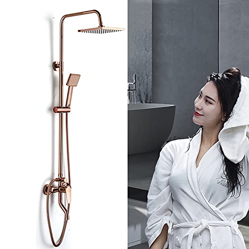 Rose Gold Bathroom Rainfall Shower Faucet Set, Overhead Shower, Hand Shower with 1.5M Hose and Bracket Wall Mount Hand Spray Mixer Tap Faucet Head Set