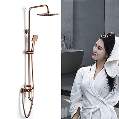 Rose Gold Bathroom Rainfall Shower Faucet Set, Overhead Shower, Hand Shower with 1.5M Hose and Bracket Wall Mount Hand Spray Mixer Tap Faucet Head Set