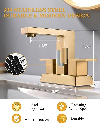 Tohlar Brushed Gold 2 Handle 4 Inch Centerset Bathroom Faucet with Pop Up Drain and 2 Lead-Free Hoses - color: Brushed Gold