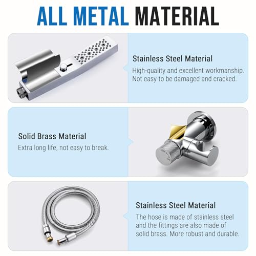 G-Promise All Metal 3-Function Handheld Shower Wand | Built to Last, Easy Install, with On/Off Switch Holder, Extra Long Hose, Modern Upgrade - color: Chrome, style: Square