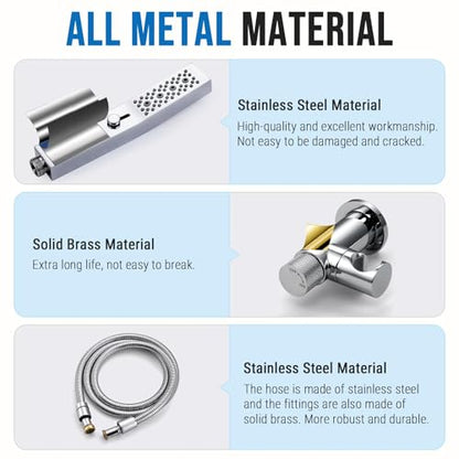 G-Promise All Metal 3-Function Handheld Shower Wand | Built to Last, Easy Install, with On/Off Switch Holder, Extra Long Hose, Modern Upgrade - color: Chrome, style: Square