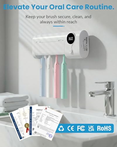 UV Toothbrush Sanitizer and Holder, GEVOODIX Smart Toothbrush Holder with 4-Slots Holders, Tooth Brush Cleaner Wall Mount for Home Bathroom