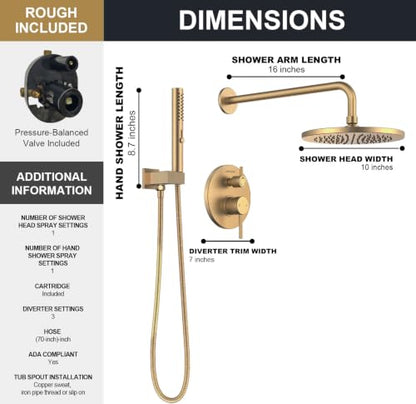 Lava Odoro Champagne Gold Rain Shower System Faucet Set, SF104-CB | 2-Setting Round Shower Valve Trim Kit, Gold Shower Head Set with Sprayer, 10 Inch, Rough-in Valve Included - color: Champagne Gold, style: Without Tub Spout