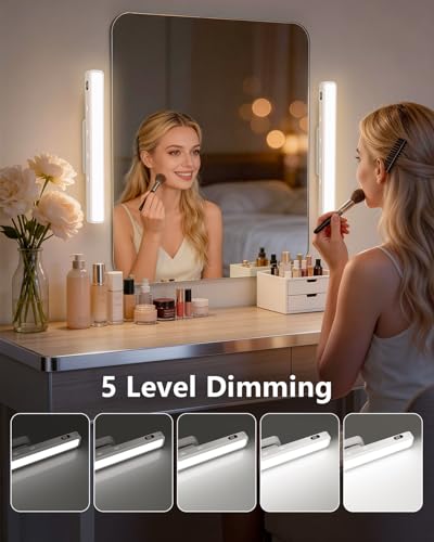 WILLED 5W Mirror Lights with Remote Control,Eye-Friendly Vanity Lights Stick on,Adjustable Color Temperatures Makeup Light with Battery Level Display,Rechargeable Light bar for Bathroom(2 Pack) - color: White