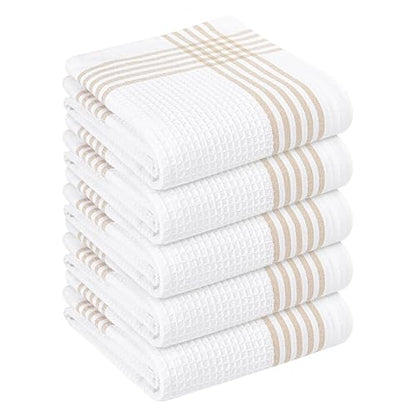 Beige and White Waffle Kitchen Towels 5 Pack, 100% Cotton, 16x26 Inch, Ultra Absorbent, Fast Dry Dish Towels, Reusable Dishcloths for Drying, Cleaning, Kitchen Use - color: Beige, White, style: 5 Pack