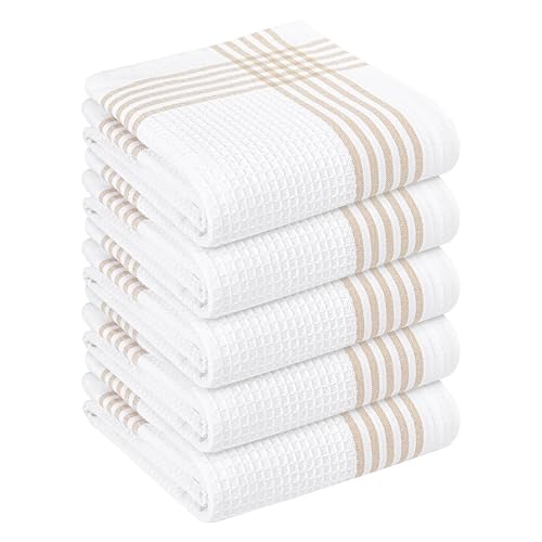 Beige and White Waffle Kitchen Towels 5 Pack, 100% Cotton, 16x26 Inch, Ultra Absorbent, Fast Dry Dish Towels, Reusable Dishcloths for Drying, Cleaning, Kitchen Use - color: Beige, White, style: 5 Pack