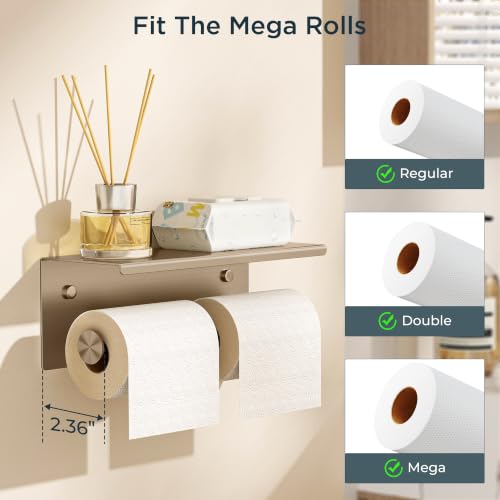 FORIOUS Toilet Paper Holder with Shelf, Commercial Toilet Paper Dispensers | Champagne Gold | Wall Mount Bathroom Tissue Holder | SUS304 Stainless Steel Rustproof | Double Tissue Roll Holder - color: Champagne Gold