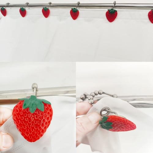 Strawberry Shower Curtain Hooks Rings Set of 12 for Shower Rod | Rustproof Metal S Shower Hook with Resin Strawberry Decorative Curtain Hooks, Cute Fashion Fruit Theme Kids Bathroom Decor