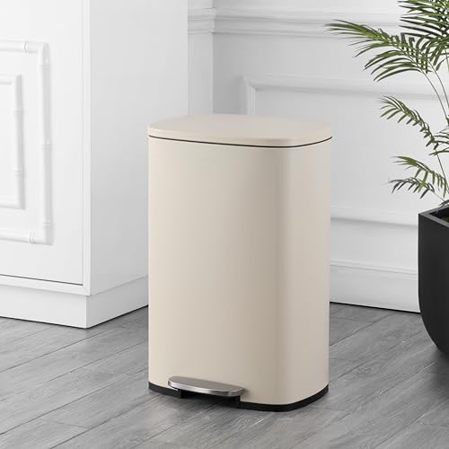 happimess Connor 2-Piece Iron Trash Can, Limestone Beige | 13.2 And 1.3 Gallons, Rectangular, Soft-Close Lid, Step Pedal, 20 Liners, 26" And 12" Height - color: Limestone Beige