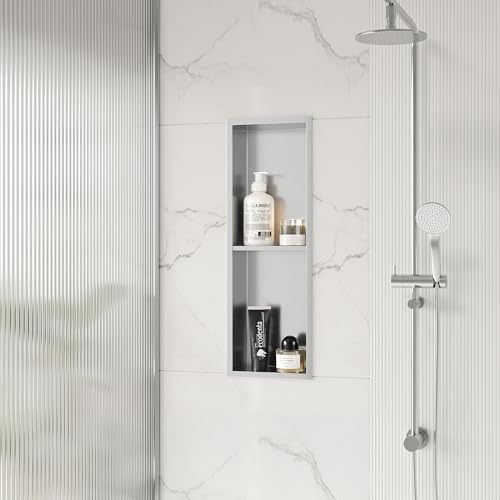 Qeke 8" x 24" Stainless Steel Shower Niche w/Double Shelves, Brushed Nickel | No tile Needed Wall Niche, Recessed Niche for Bathroom Storage, Space Saving, Over Mount Installation - color: Brushed Nickel, size: 8X24"