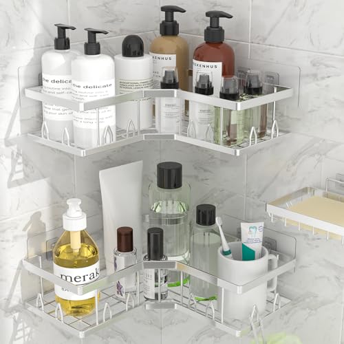 Shower Shelf Corner, Adhesive Shower Caddy Rustproof, Shower Shelves Corner with Soap Holder, No Drilling Shower Corner Organizer for Dorm, Renters Bathroom, Silver, 3 Pack - color: Silver (3 Pack)