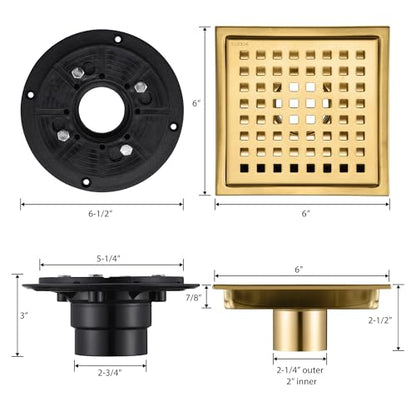 6 in. x 6 in. Stainless Steel Square Shower Floor Drain in Brushed Gold, FD01-6-TG - color: Brushed Gold