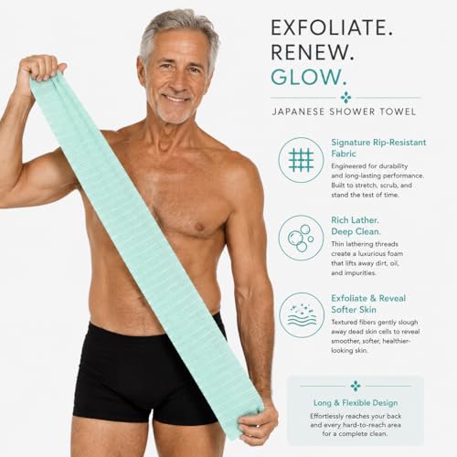 Dermasuri Japanese Exfoliating Washcloth, Body & Back Scrubber, 36 in | Extra-long Exfoliating shower towel, loofah exfoliator removes dry dead skin, quick-dry daily washcloth for all skin types