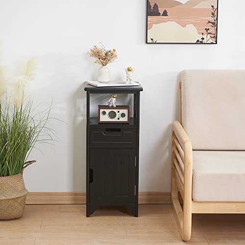 Assembled 30in Height Nightstand, Pre- Assembled Bathroom Floor Cabinet with Shelf and Storage Drawer, Black Tall End Table No Assembly Chest for Living Room Bedroom | Solid Wood, 30" Height No Assembly Bathroom Cabinet, Pre-Assembled Side Table & End Tab