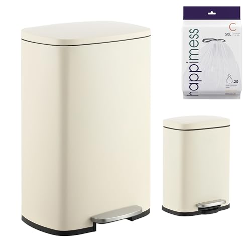 happimess Connor 2-Piece Iron Trash Can, Limestone Beige | 13.2 And 1.3 Gallons, Rectangular, Soft-Close Lid, Step Pedal, 20 Liners, 26" And 12" Height - color: Limestone Beige