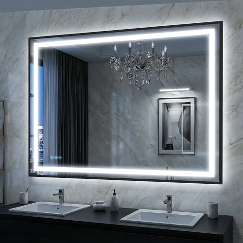 Antok 48X36 LED Bathroom Mirror with Lights, Vanity Mirror for Wall with Black Frame, Touch Control, Anti-Fog, Dimmable Lights, Shatter-Proof, Memory Function, Wall-Mounted Vanity Mirrors - size: 48"L x 36"W