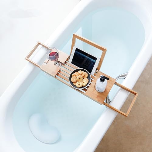 Bath Traysmall Bamboo Retractable Bathtub Shelf Bathroom Soaking Tub Storage Tray Multi-Functional Storage Rack Expandable Size Suitable for Most Bathtubs 50 19 4Cm