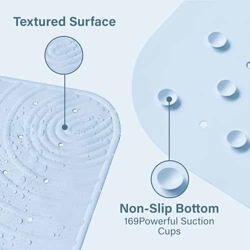 Extra Long Rubber Bathtub Mat, Non-Slip Shower Tub Mat, 39x16 Inch, Bath Tub Floor Mat with Suction Cups and Drainage Holes, Light Blue - color: Light Blue