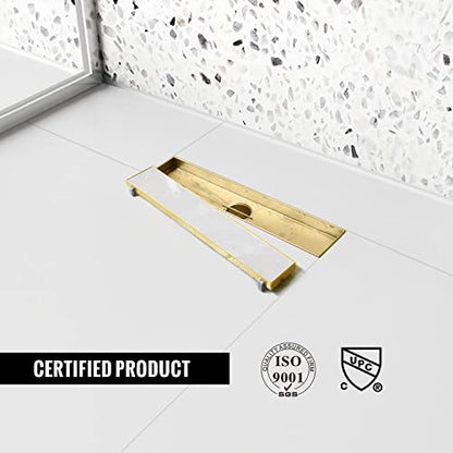 12" Linear Shower Drain Brushed Gold Drain with Tile Insert Grate | AISI 304 Stainless Steel Fast Drainage Rectangle Hidden Shower Trench,Detachable Hair Catcher Easy to install,Leveling Feet - color: Gold, size: 12 Inch (No Base)