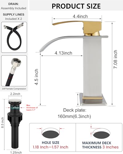 Midanya Waterfall Bathroom Faucet 1 Hole,Brushed Gold Handle/Brushed Nickel | with 24” Hoses,Pop Up Drain,6” Deck Plate,for 1 or 3 Hole Vanity,Lavatory,RV,Single Handle Bathroom Sink Faucet,NSF Certified - color: Gold Handle/Nickel