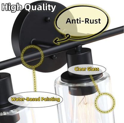 WISBEAM 3-Light Vanity Light Over Mirror, Black Bathroom Wall Light Fixtures with Clear Glass Shade Including E26 Medium Base, Bulb NOT Included - color: Black, size: VNT004