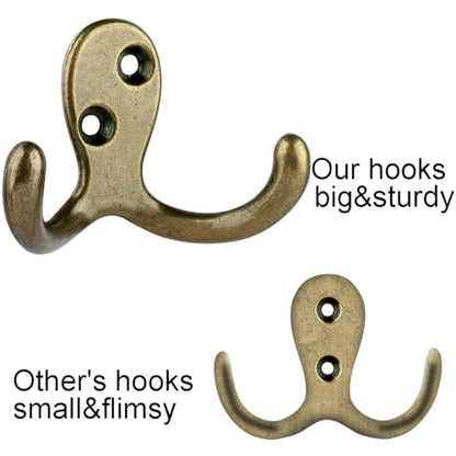 IBosins 16 Pack Antique Brass Double Prong Coat Hooks for Coat, Scarf, Bag | Heavy Duty Rustic Wall Mounted Utility Coat Hooks for Towel, Key, Cap, Cup and Hat - color: 16 Pcs Antique Brass