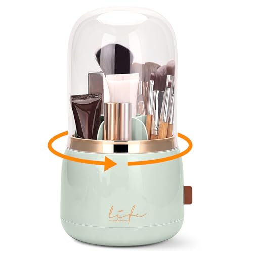 360º Rotating Toothbrush Holder with Cover, Dustproof Waterproof Cosmetic Organizer, 7-Slot Bathroom Countertop Organizer with Drainage for Makeup Brushes, Electric Toothbrushes, Toothpaste - color: Green
