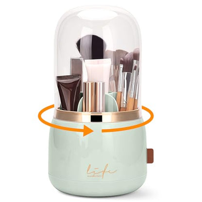 360º Rotating Toothbrush Holder with Cover, Dustproof Waterproof Cosmetic Organizer, 7-Slot Bathroom Countertop Organizer with Drainage for Makeup Brushes, Electric Toothbrushes, Toothpaste - color: Green