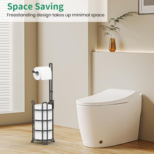 TomCare Toilet Paper Holder Stand Free Standing, Holds 4 Mega Rolls, Black | Tool-Free Assembly, Detachable Metal Wire Frame, Powder-Coated Finish, Easy Storage and Flexible Bathroom Placement - color: Black, size: Standard