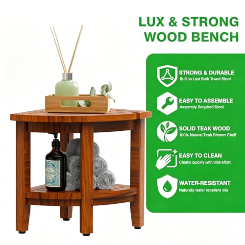 Teak 18" Corner Shower Bench Stool for Inside Shower | Waterproof Bath Chair, with Storage Shelf, Assembly Required
