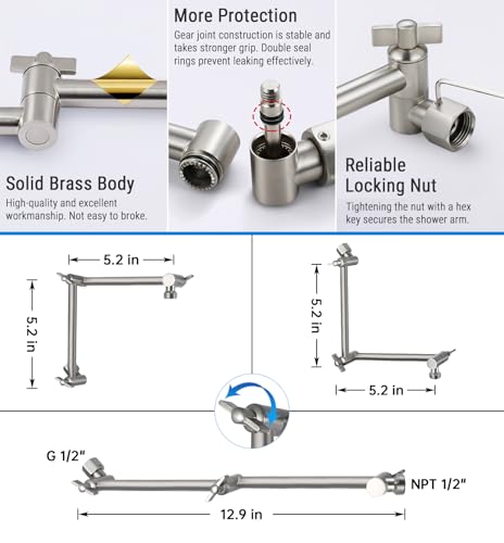G-Promise 12 Inch Shower Extender with 6Inch Arm and Flange(Brushed Nickel) | Solid Brass Construction, Height and Angle Adjustable, Standard Connection Thread, All Installation Tools Included - color: Brushed Nickel, style: 12 Inch