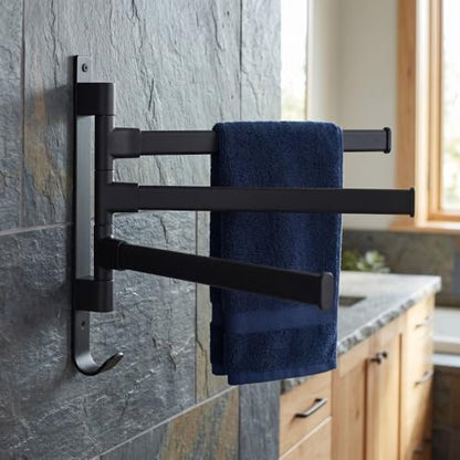 Black Aluminum Swivel Towel Bar, Wall Mounted 180 Degree Rotating Multi-Arm Towel Rack with Bottom Hook for Bathroom Kitchen(3-Arm) - size: 3-Arm