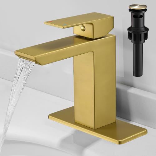 RUMOSE Bathroom Faucets 1 & 3 Hole Vanity Faucet with Drain Brushed Gold | Single Handle Bathroom Sink Faucet Set Waterfall Spout Kit with Deck Plate Rv Lavatory Basin Faucet, Stainless Steel - color: Brushed Gold