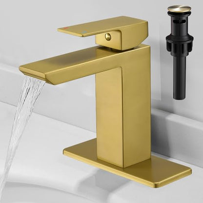 RUMOSE Bathroom Faucets 1 & 3 Hole Vanity Faucet with Drain Brushed Gold | Single Handle Bathroom Sink Faucet Set Waterfall Spout Kit with Deck Plate Rv Lavatory Basin Faucet, Stainless Steel - color: Brushed Gold