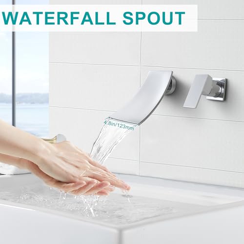 SKOWLL Wall Mount Faucet Bathroom, Wide Waterfall Spout, Single Handle Waterfall Tub Faucet High Flow Vessel Sink Faucets, Include Rough-in Valve, Polished Chrome - color: Polished Chrome