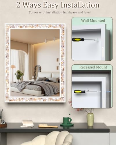 20"x26" Hand-Inlaid Natural Shell White Medicine Cabinet Mirror for Bathroom, Bedroom, Living Room, Entryway, Easy to Install Left or Right Opening Bathroom Wall Cabinet Recessed and Surface Mount - color: 20"x26"-white