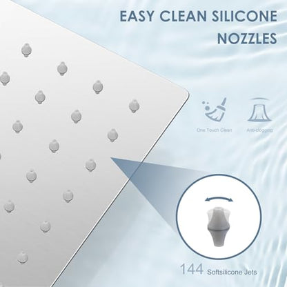 12 inch Brushed Nickel Rain Shower Head - All Metal 304 Stainless Steel, Full Body Rainfall Shower with 144 Silicone Nozzles - Square Showerheads Ceiling or Wall Mount Modern Bathroom - color: Brushed Nickel, size: 12 Inch Square