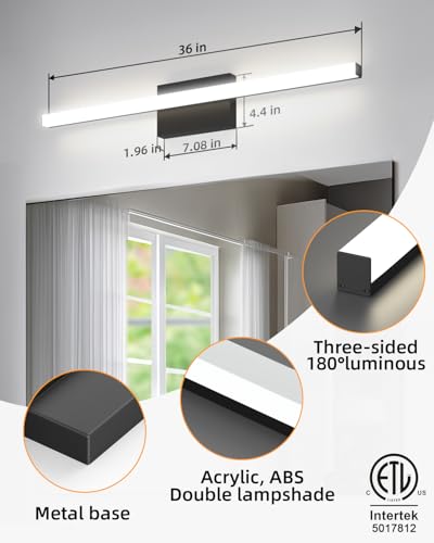 LED Modern Bathroom Vanity Light Bar 36 Inch, 34W 2900 Lumens Dimmable 5CCT LED Lights for Bathroom, Simple Square Black Vanity Light Fixtures Over Mirror - ETL Certified - size: 36IN-5CCT