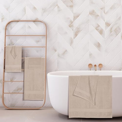 BOUTIQUO 6 Pack Cotton Towel Set, Contains 2 Bath Towels 27x54 inch, 2 Hand Towels 16x24 inch & 2 Wash Coths 12x12 inch, Ideal Everyday use, Ultra Soft Compact & Lightweight - Tan - color: Tan, size: 6 Piece Towel Set