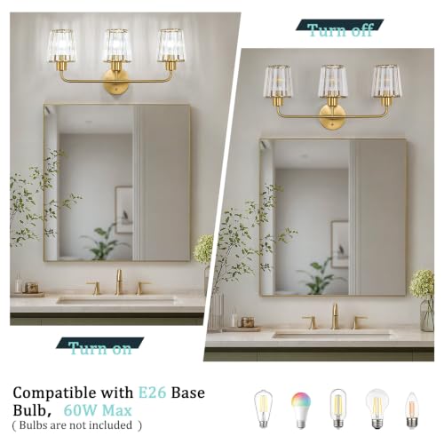 Brushed Gold Vanity Lights, 3-Light Crystal Bathroom Light Fixtures | Modern Bathroom Vanity Light E26 Wall Light over Mirror (Exclude Bulb) - color: Brushed Gold, size: 3-Light
