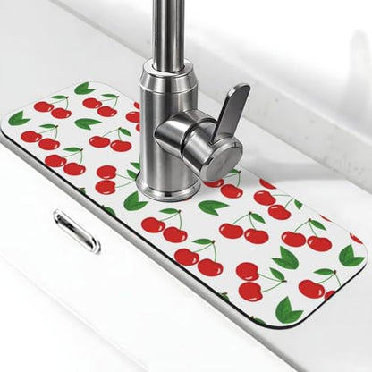 Fruit Cherry Red Cherries Leaves Leaf White Kitchen Sink Splash Guard Faucet Mat Super Absorbent Fast Drying Mat Sink Gadgets-Fast Drying Pad Sink Mat For Kitchen Bathroom (15" X 5.5" ) - color: Cherry Red