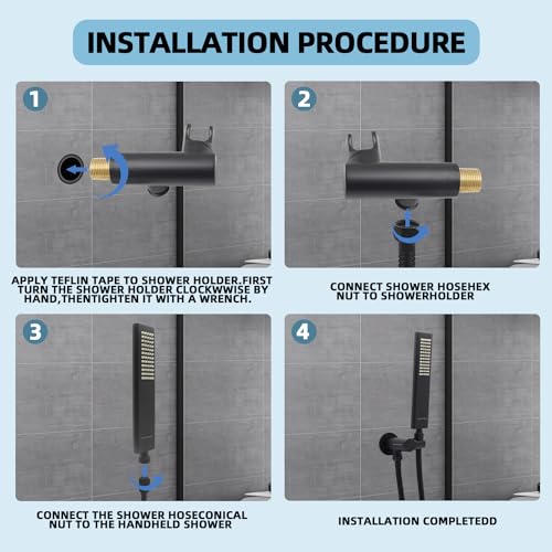 Solid Brass Handheld Shower Head Arc Design High Pressure Matte Black Hand Shower Wand with Adjustable Supply Elbow Wall Connector Shower Holder and 59″ Stainless Steel Hose Set - color: Matte Black